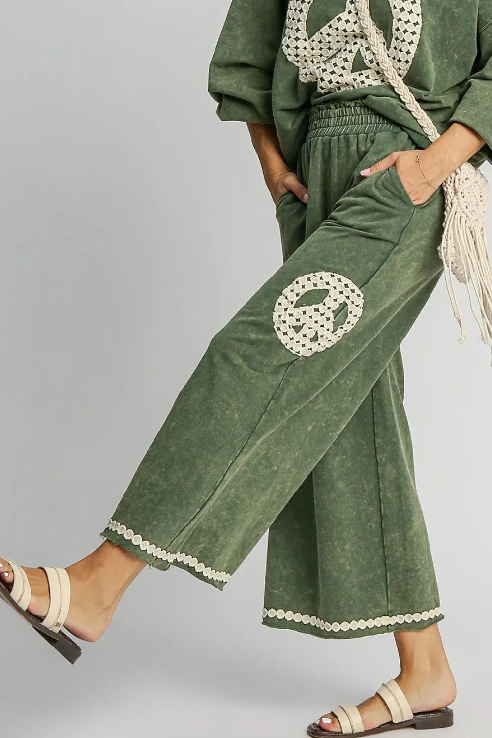 Umgee Peace Lace Applique Mineral Wash Wide Leg Pants