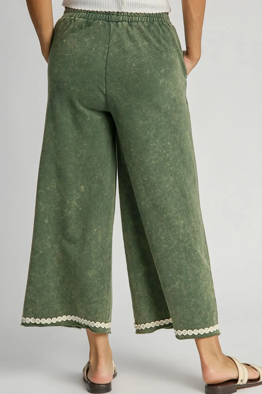 Umgee Peace Lace Applique Mineral Wash Wide Leg Pants