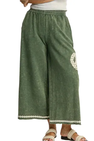 Umgee Peace Lace Applique Mineral Wash Wide Leg Pants