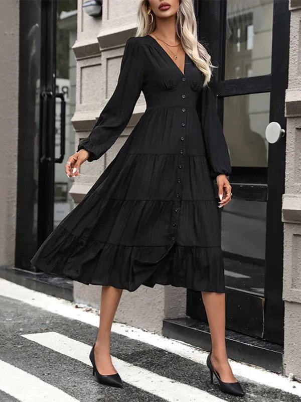 V-Neck Long-Sleeved Midi Dress with Button-Down Front