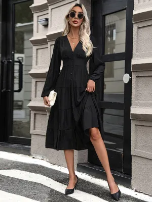 V-Neck Long-Sleeved Midi Dress with Button-Down Front