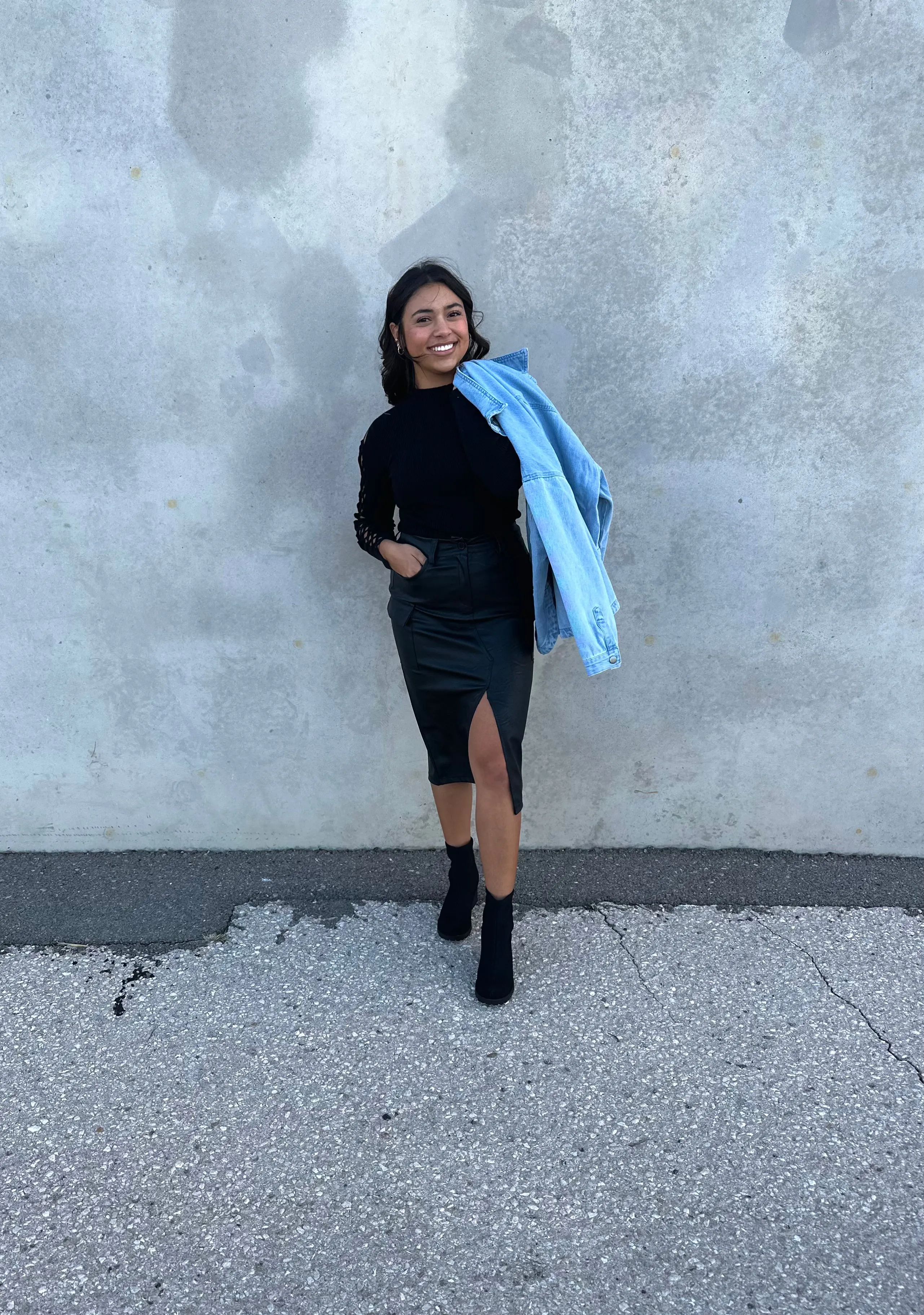 Vegan Leather Cargo Midi Skirt