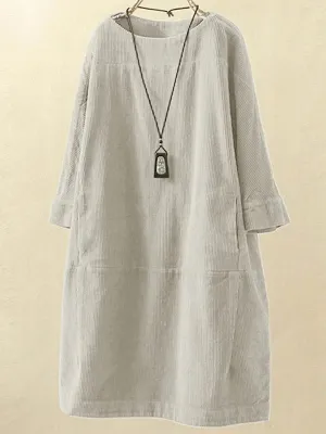 Vintage Corduroy Plain O-neck Casual Wit Pocket Women Midi Dress