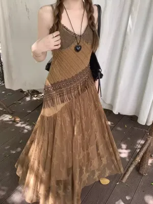 Vintage mesh patchwork slip dresses summer