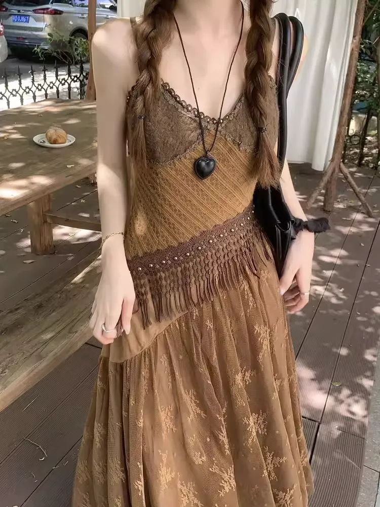 Vintage mesh patchwork slip dresses summer
