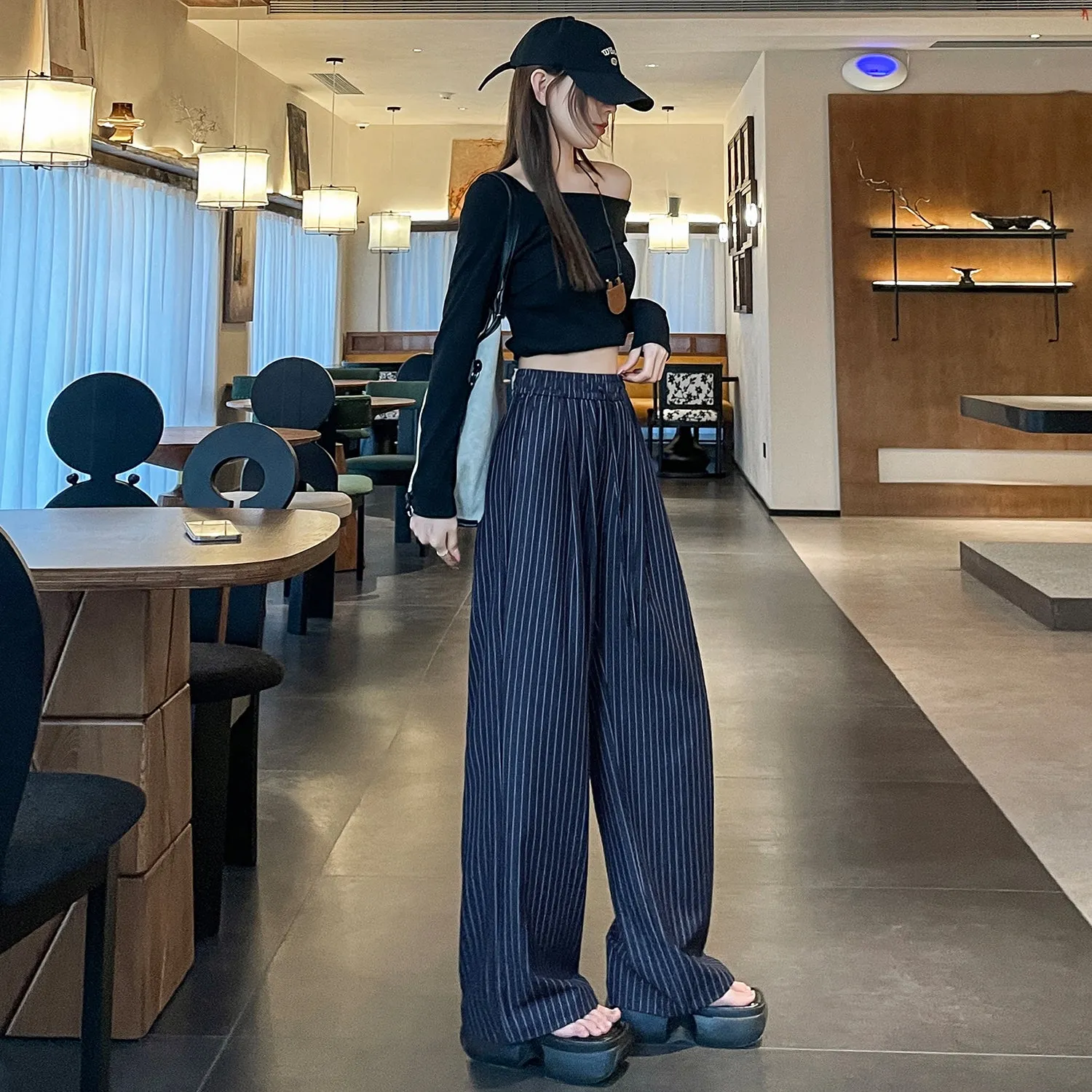Vintage Striped Wide Leg Pants with Breathable Fabric