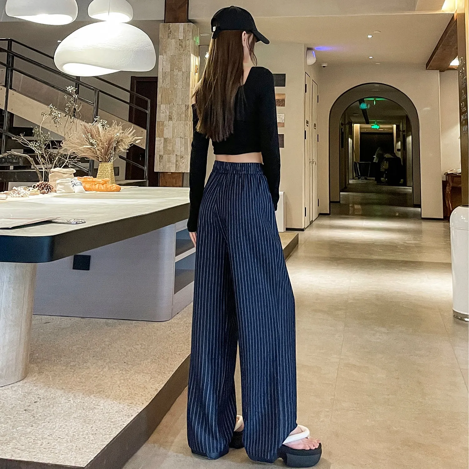 Vintage Striped Wide Leg Pants with Breathable Fabric