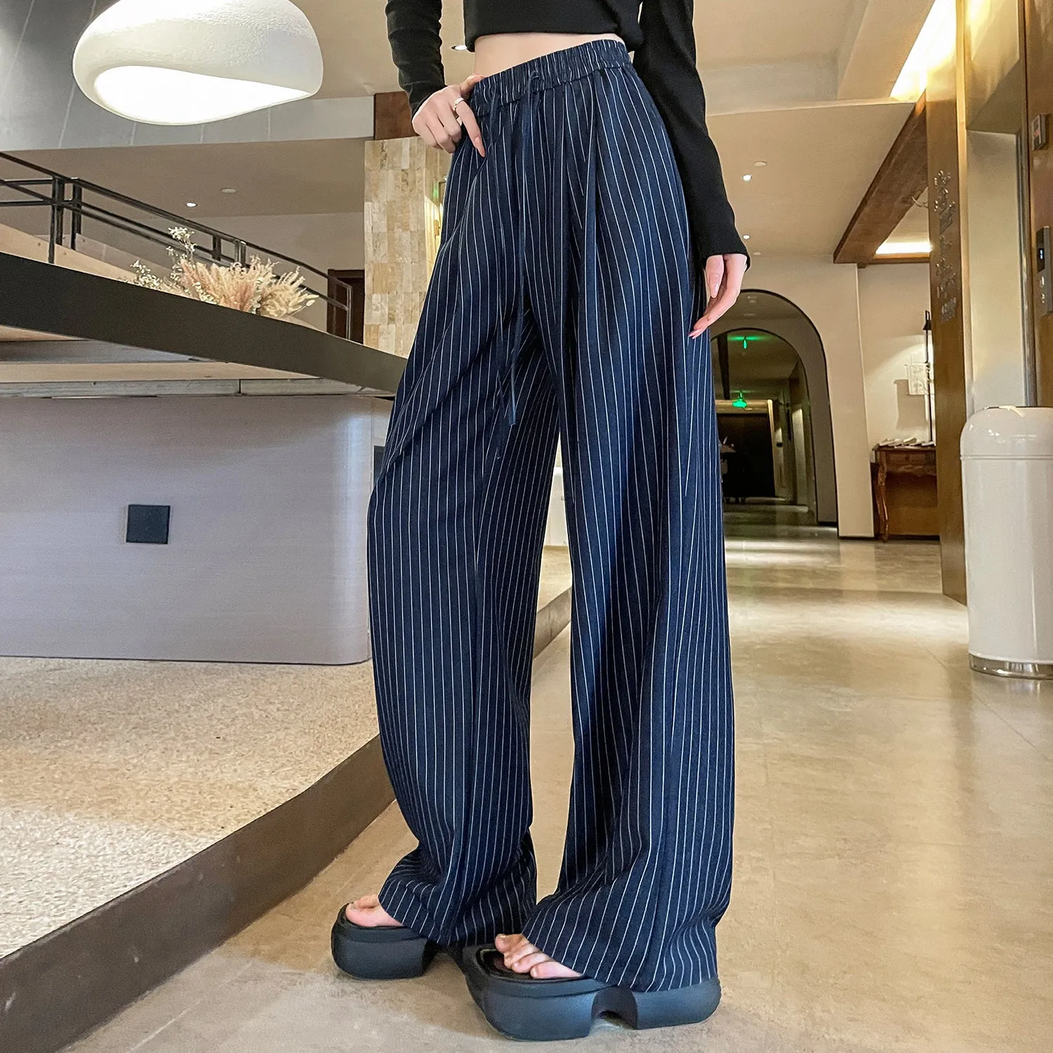Vintage Striped Wide Leg Pants with Breathable Fabric