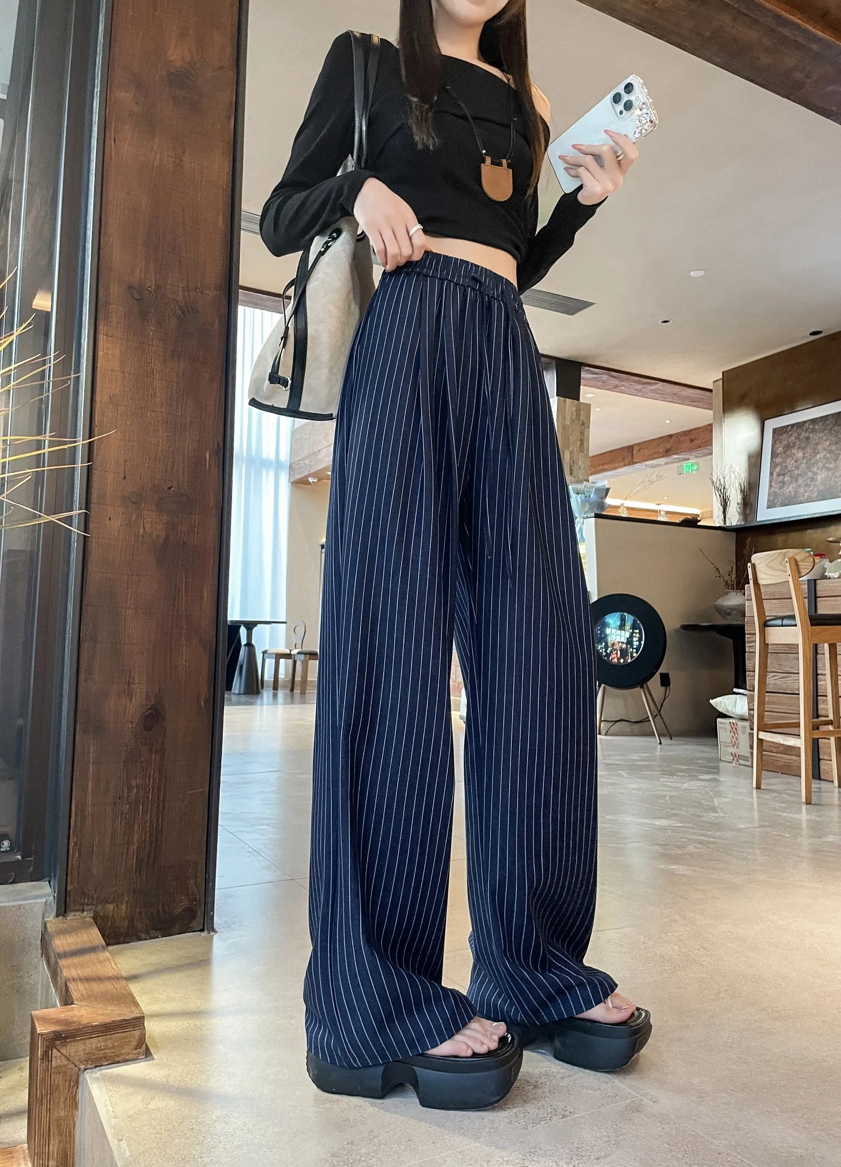 Vintage Striped Wide Leg Pants with Breathable Fabric