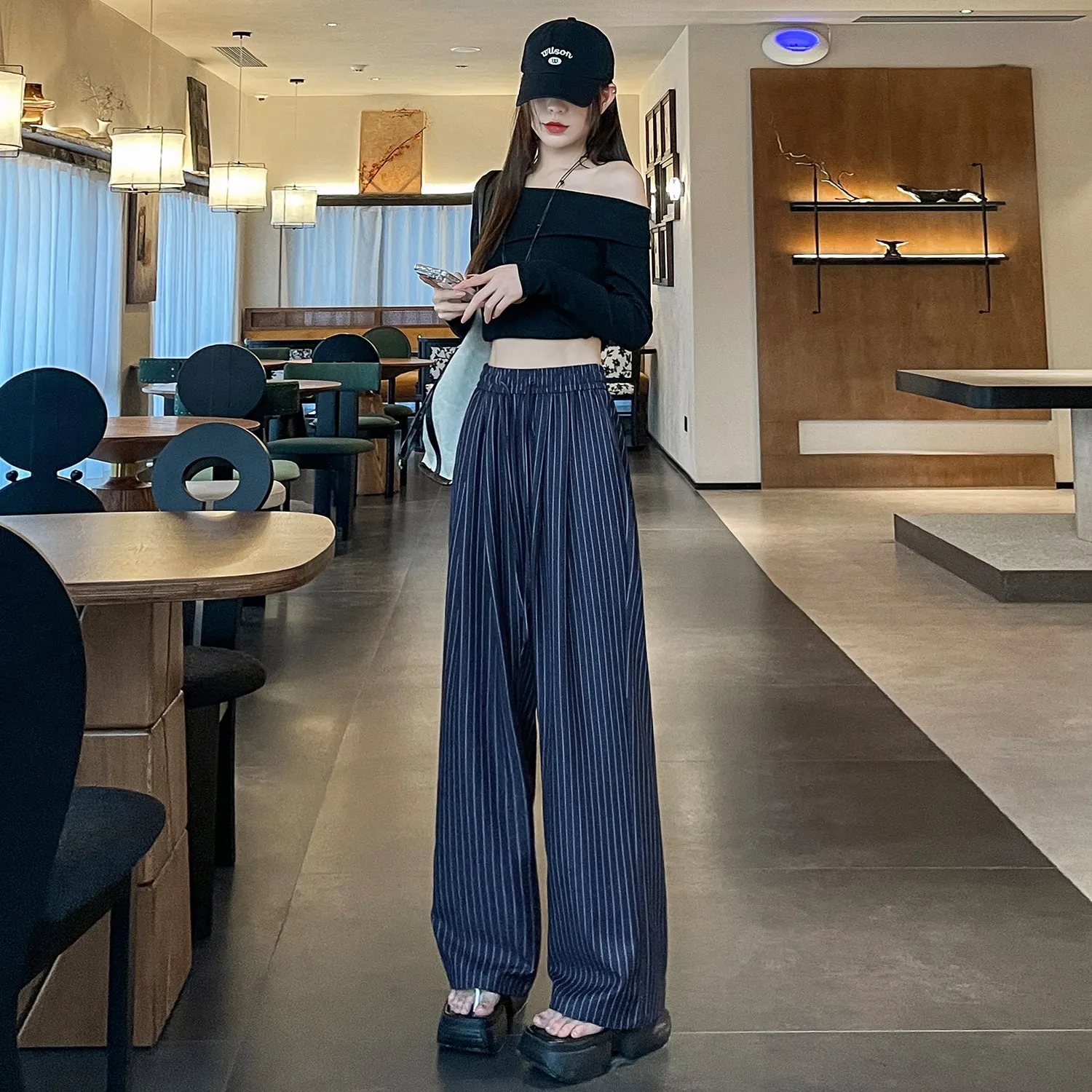 Vintage Striped Wide Leg Pants with Breathable Fabric