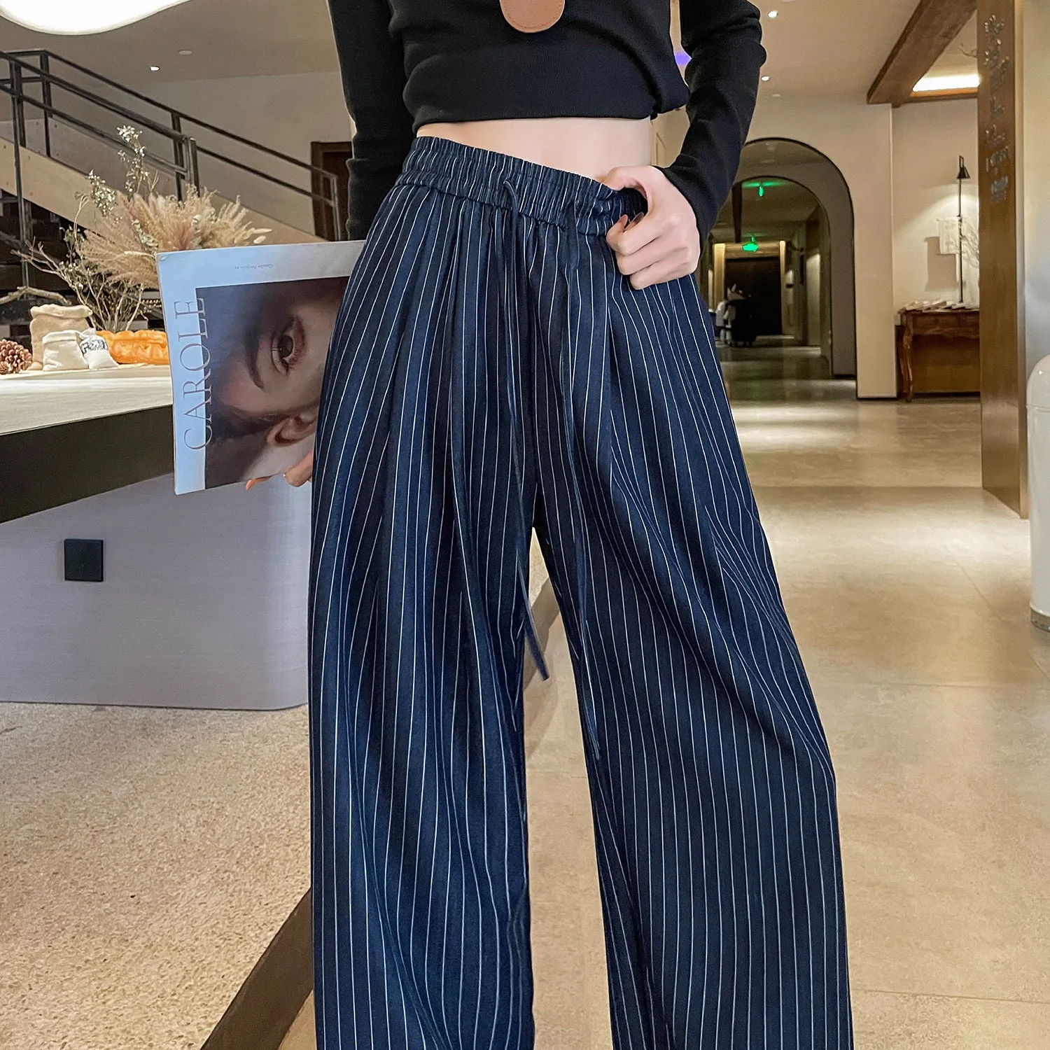 Vintage Striped Wide Leg Pants with Breathable Fabric