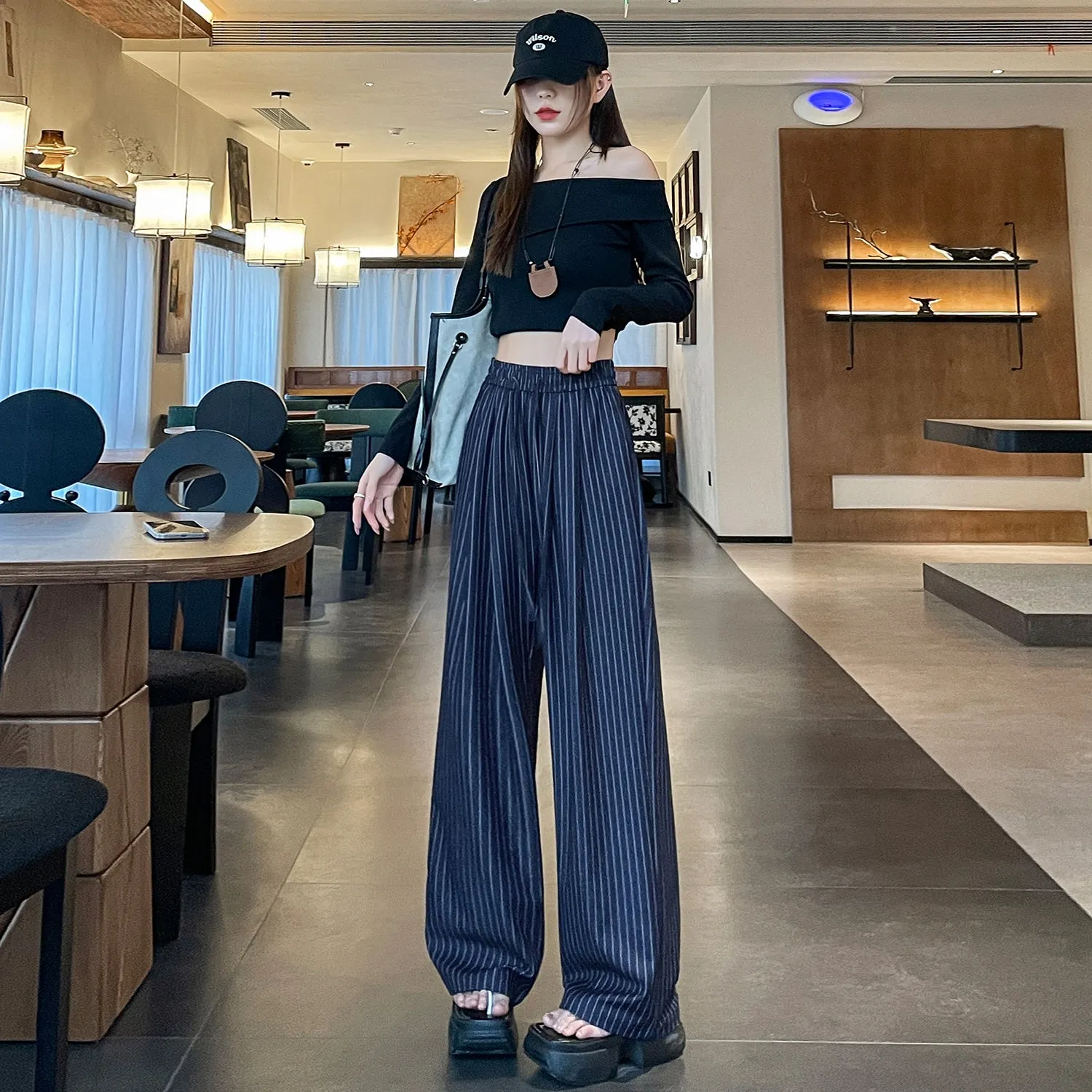 Vintage Striped Wide Leg Pants with Breathable Fabric