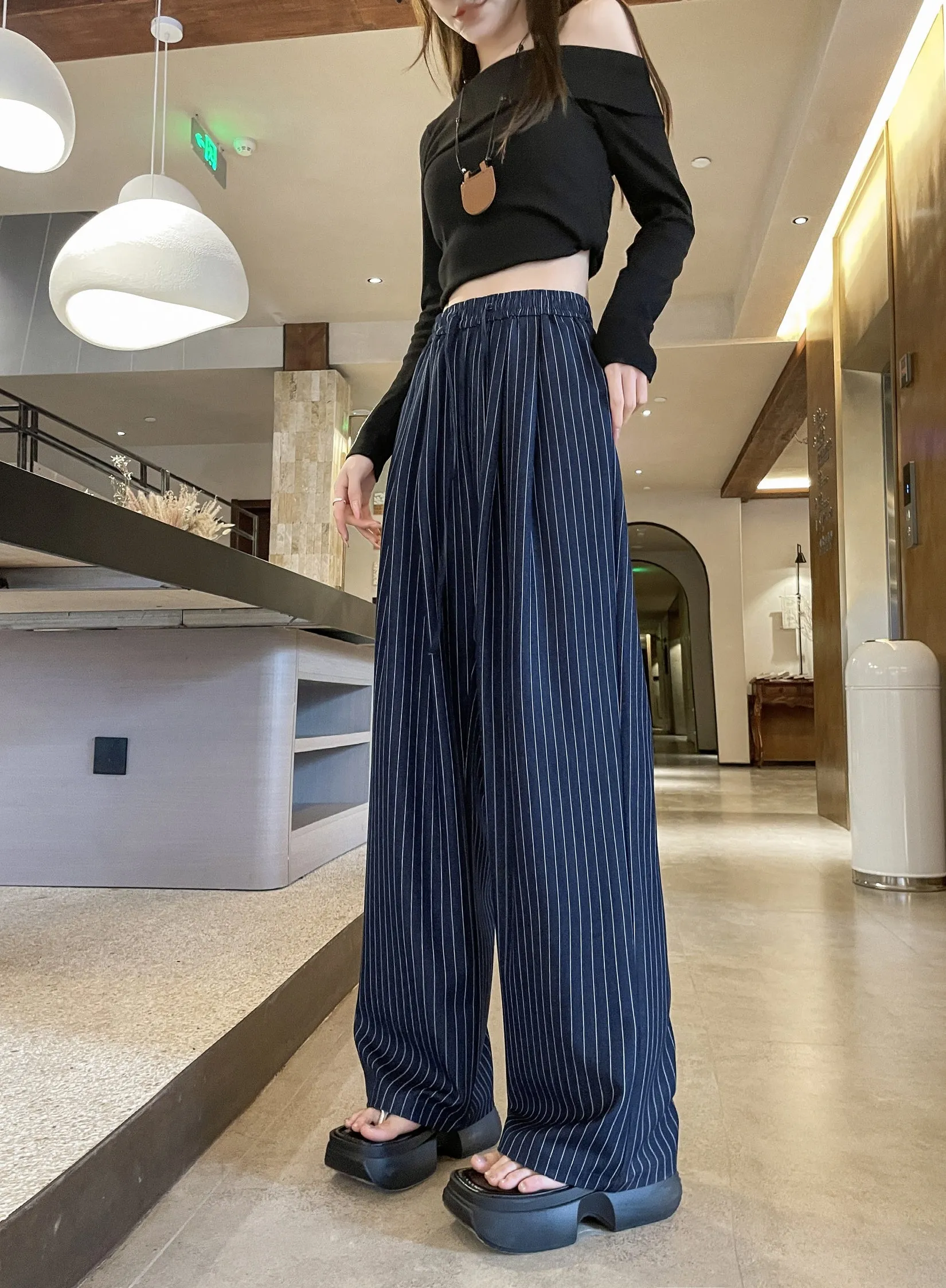 Vintage Striped Wide Leg Pants with Breathable Fabric