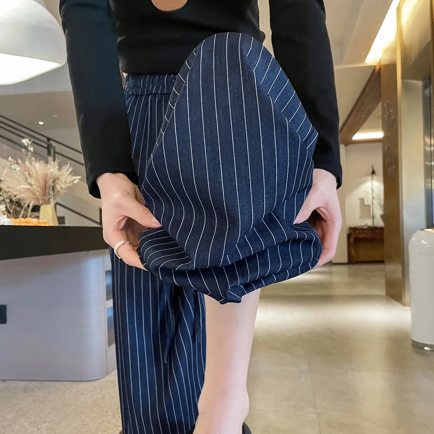 Vintage Striped Wide Leg Pants with Breathable Fabric