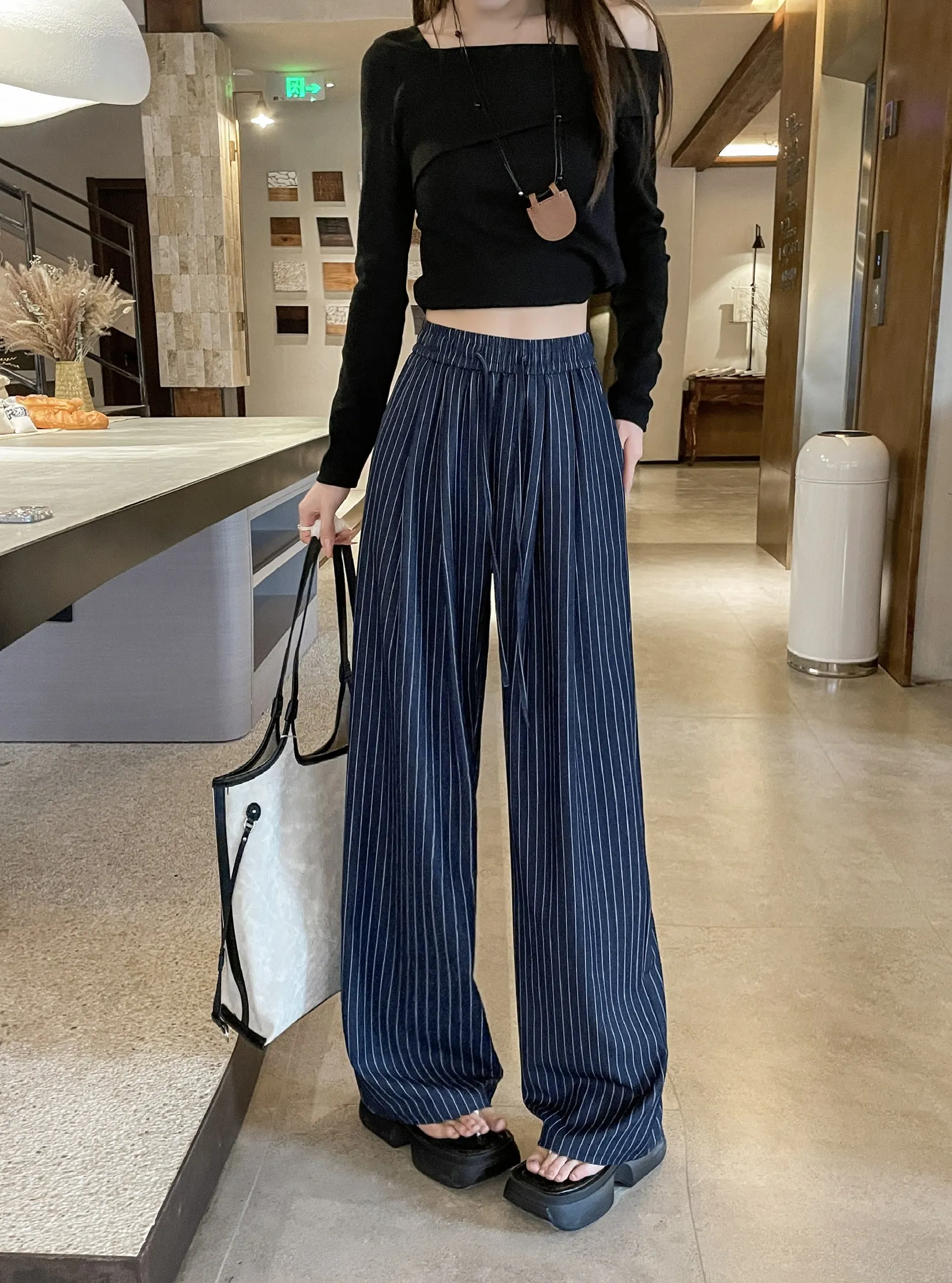 Vintage Striped Wide Leg Pants with Breathable Fabric