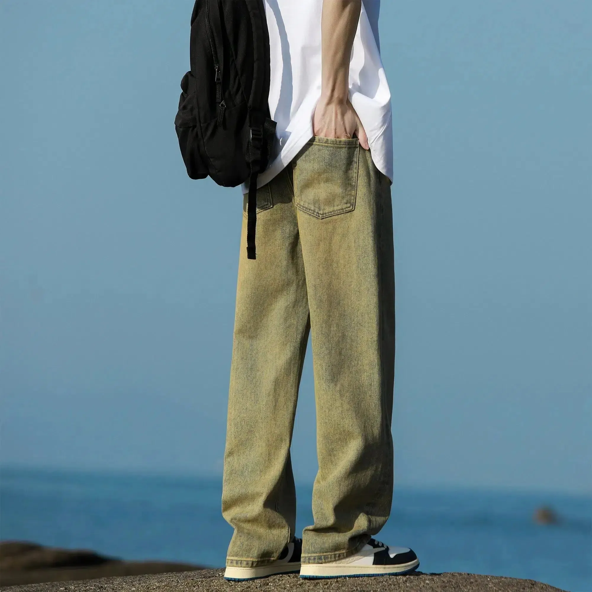 Washed Distressed Straight Pants
