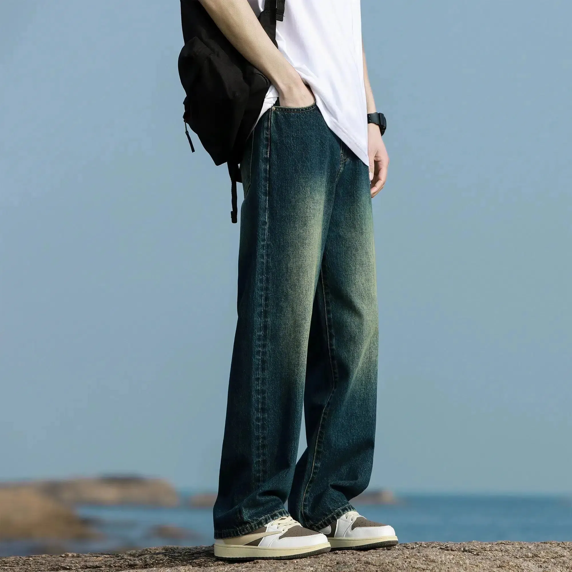 Washed Distressed Straight Pants