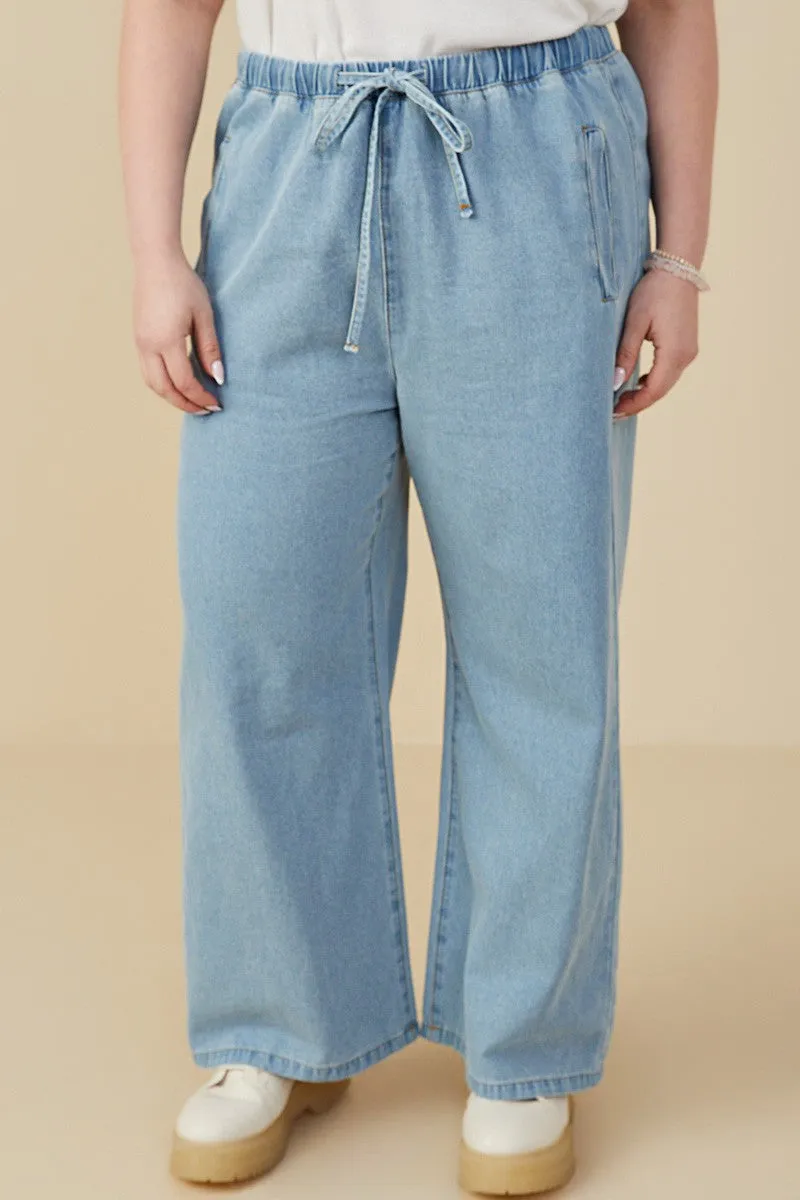 Wide Leg Drawstring Waist Denim Pants