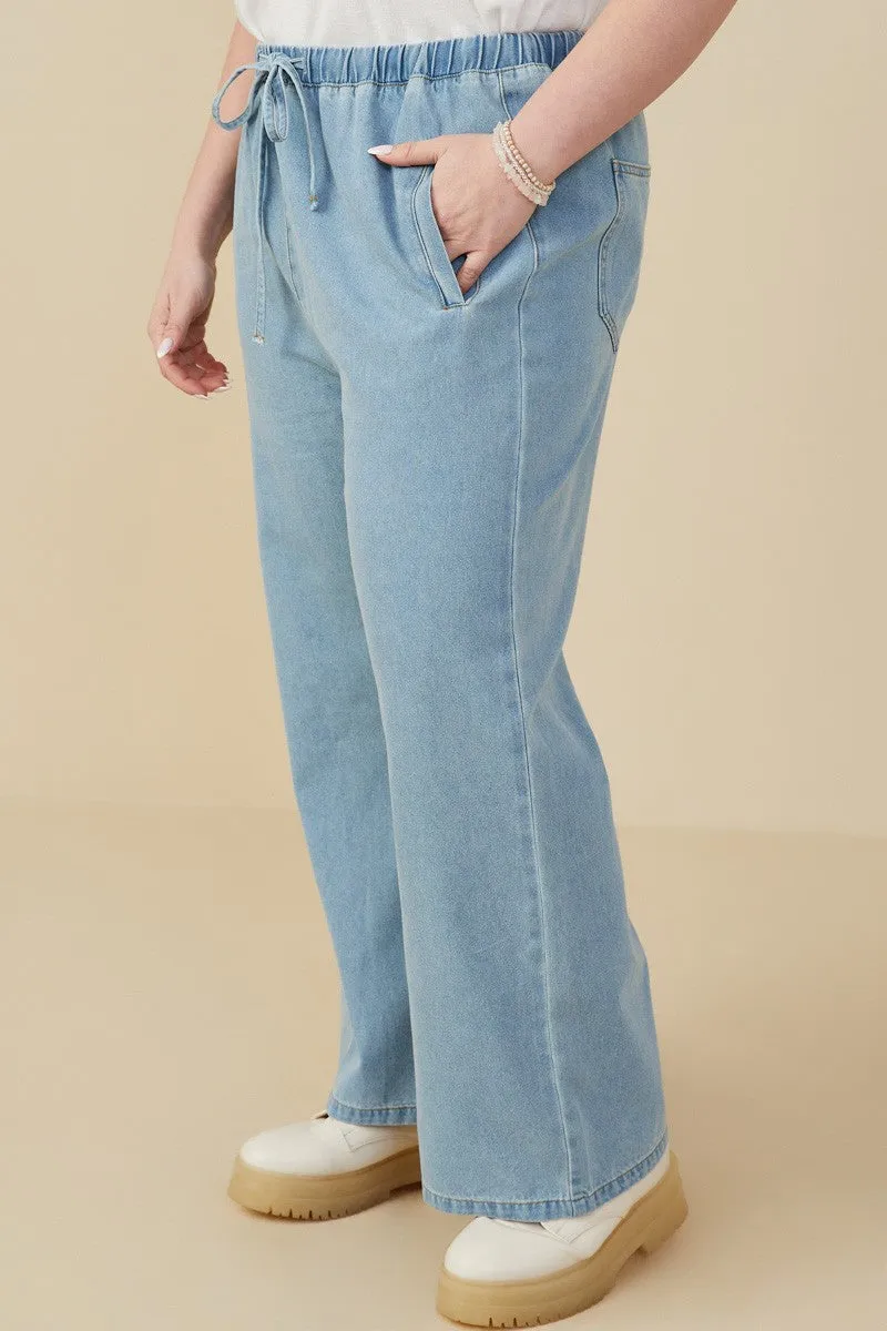 Wide Leg Drawstring Waist Denim Pants