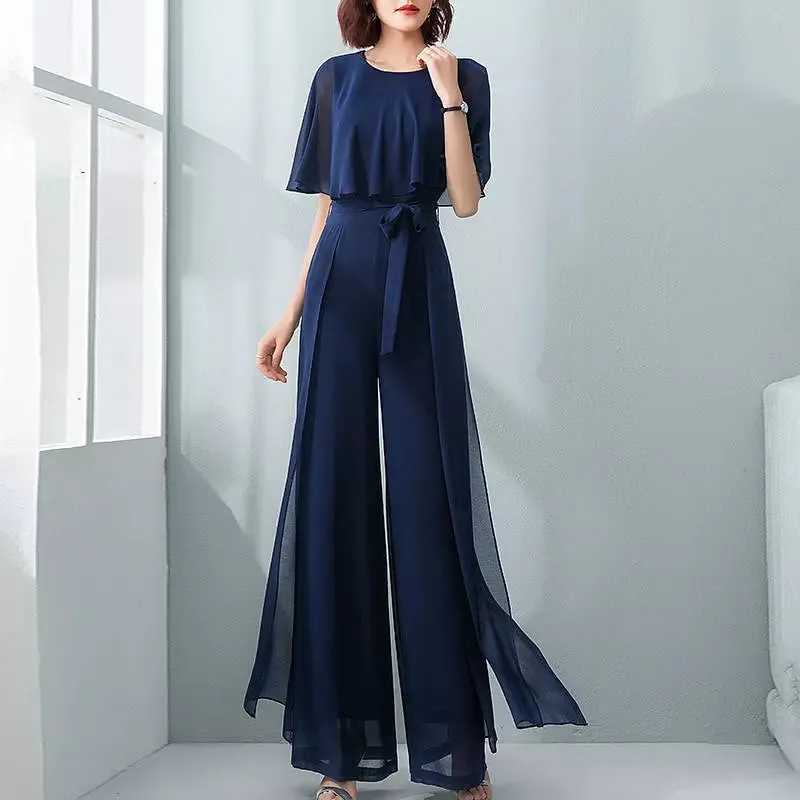 Women Jumpsuit Short Sleeve Wide Leg Pants Party Romper