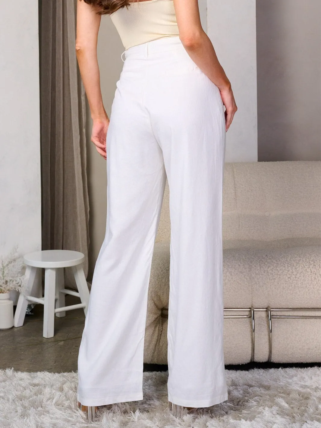 WOMEN'S BUTTON CLOSURE POCKETS WIDE LEG PANTS