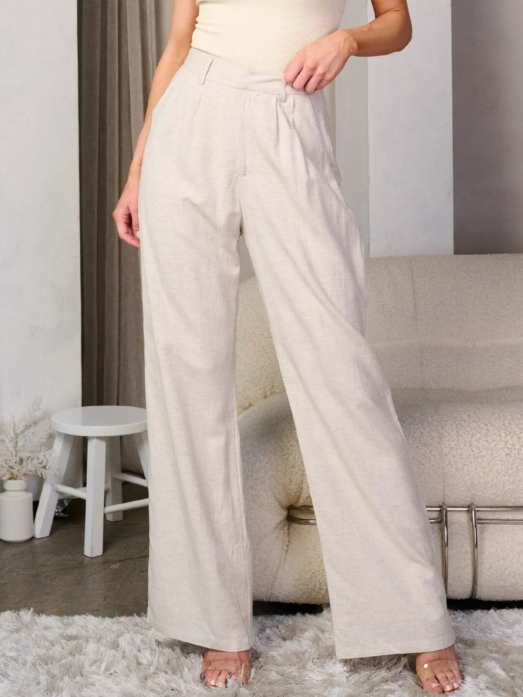 WOMEN'S BUTTON CLOSURE POCKETS WIDE LEG PANTS