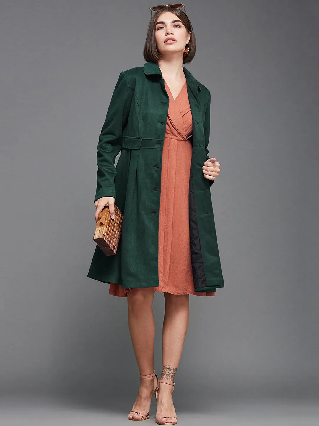 Women's Dark Green Notch Full-Sleeve Solid Longline Flared Knee-Long Polyester Jacket