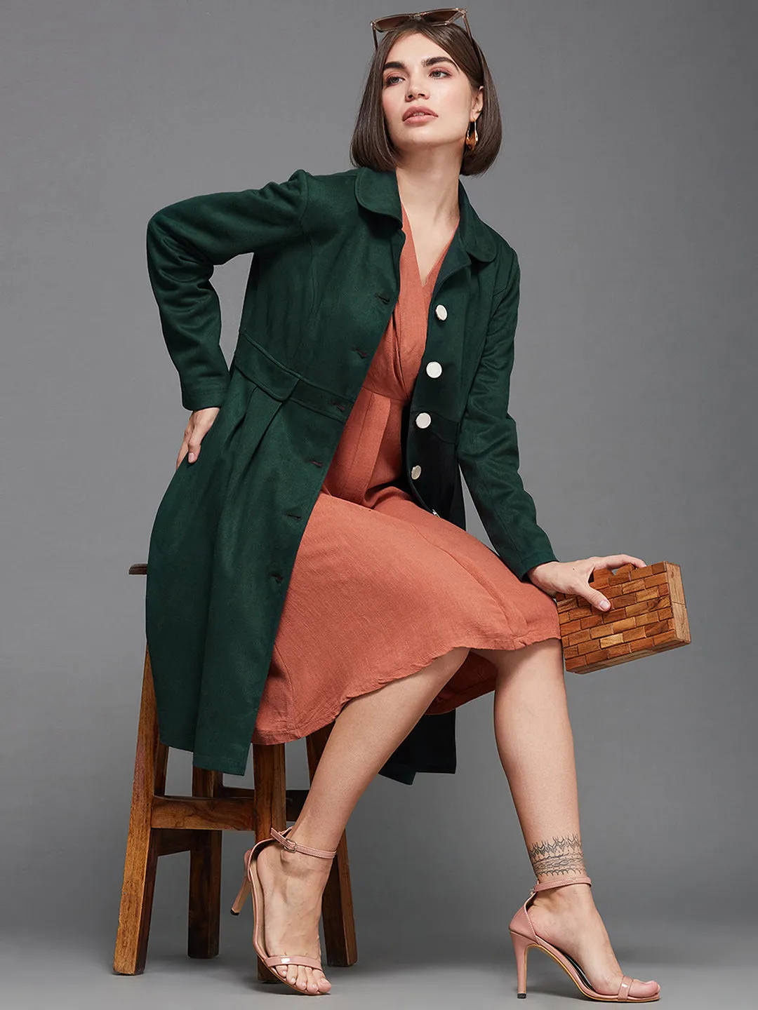 Women's Dark Green Notch Full-Sleeve Solid Longline Flared Knee-Long Polyester Jacket
