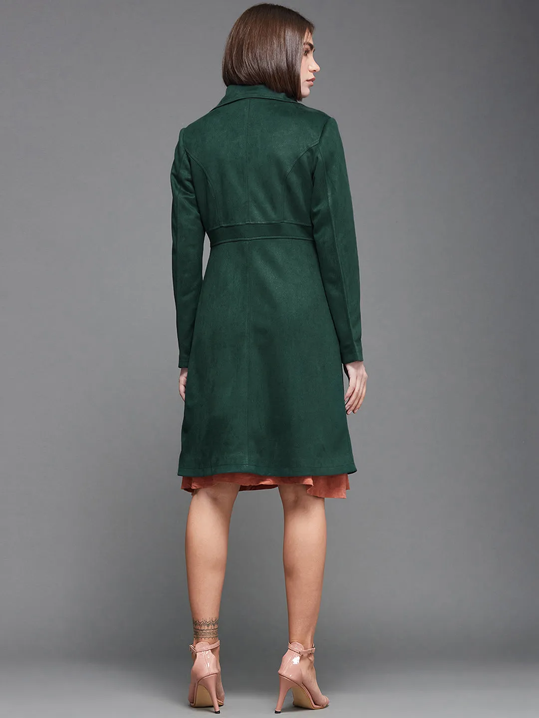 Women's Dark Green Notch Full-Sleeve Solid Longline Flared Knee-Long Polyester Jacket