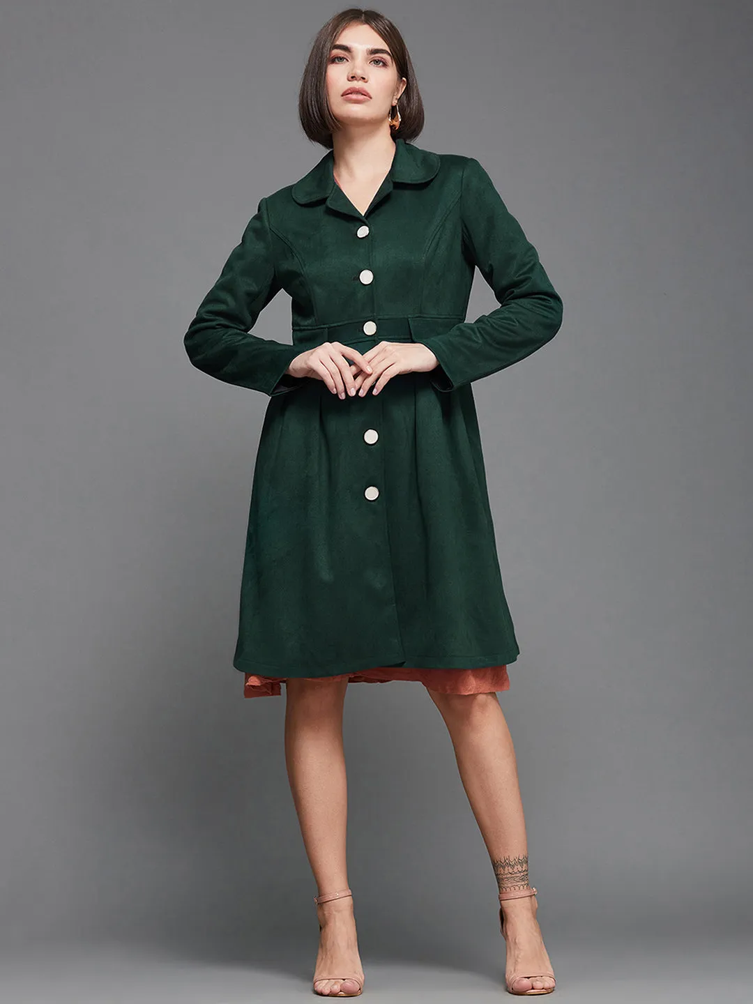 Women's Dark Green Notch Full-Sleeve Solid Longline Flared Knee-Long Polyester Jacket