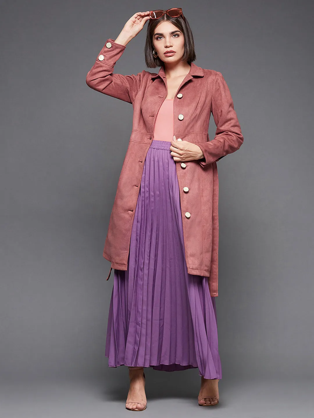 Women's Dark Peach Shirt Collar Full Sleeves Side Pocketed Polyester Button Down Longline Winter Wear Blazer Jacket