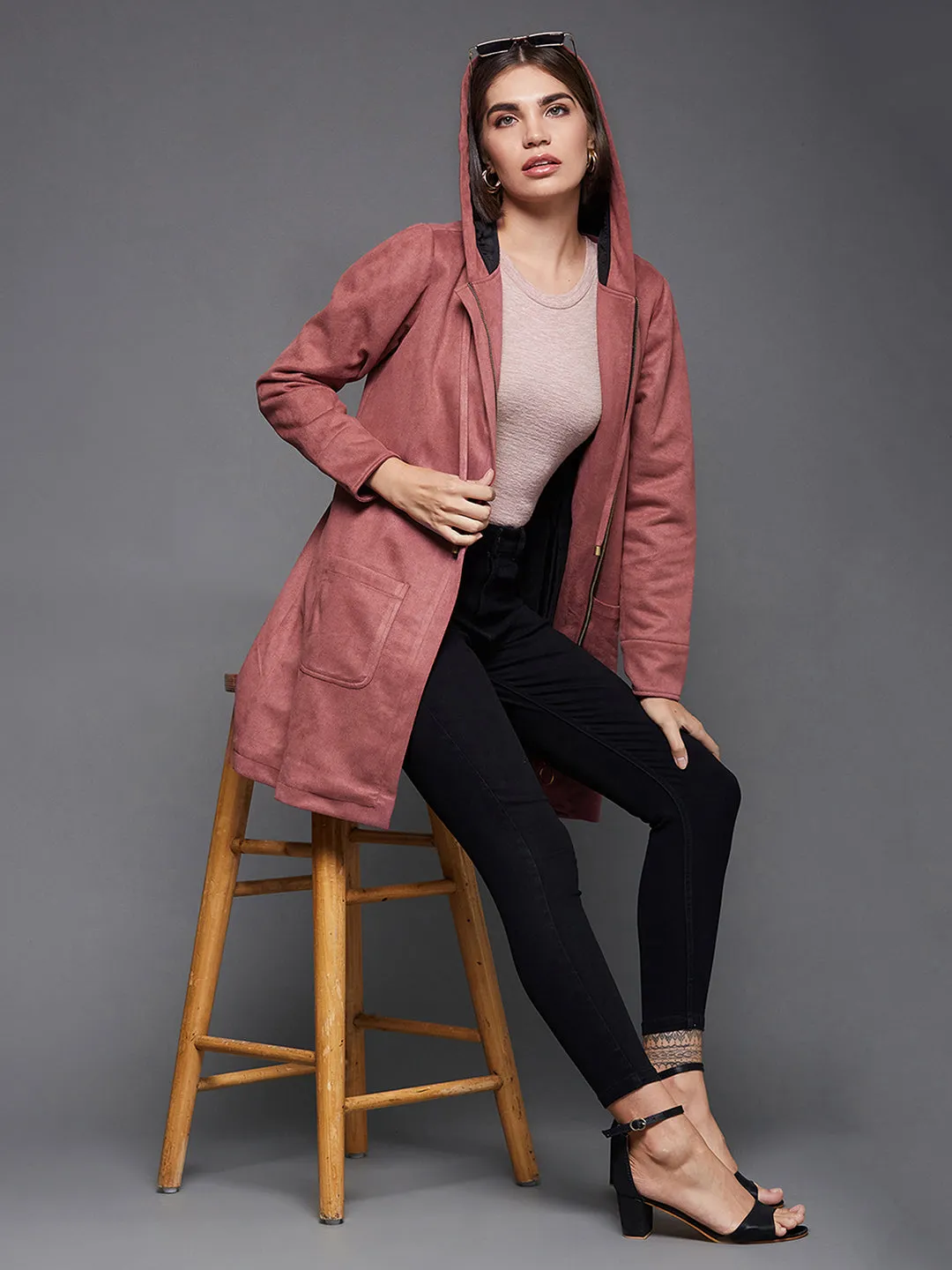 Women's Dark Peach Solid Hooded Neck Full Sleeves Casual Winter Wear Polyester High Low Longline Jacket