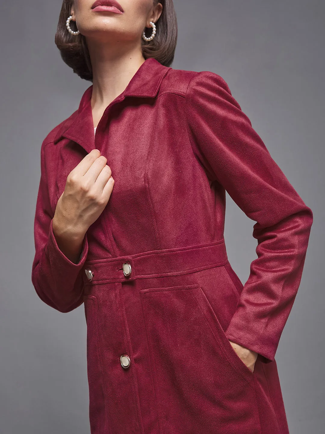Women's Dark Red Solid Shirt Collar Full Sleeves Patched Pocketed Polyester Button Down Longline Blazer Jacket