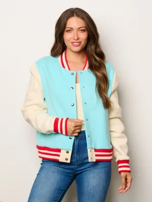 WOMEN'S LONG SLEEVE BUTTON CLOSURE POCKETS COLORBLOCK VARSITY JACKET