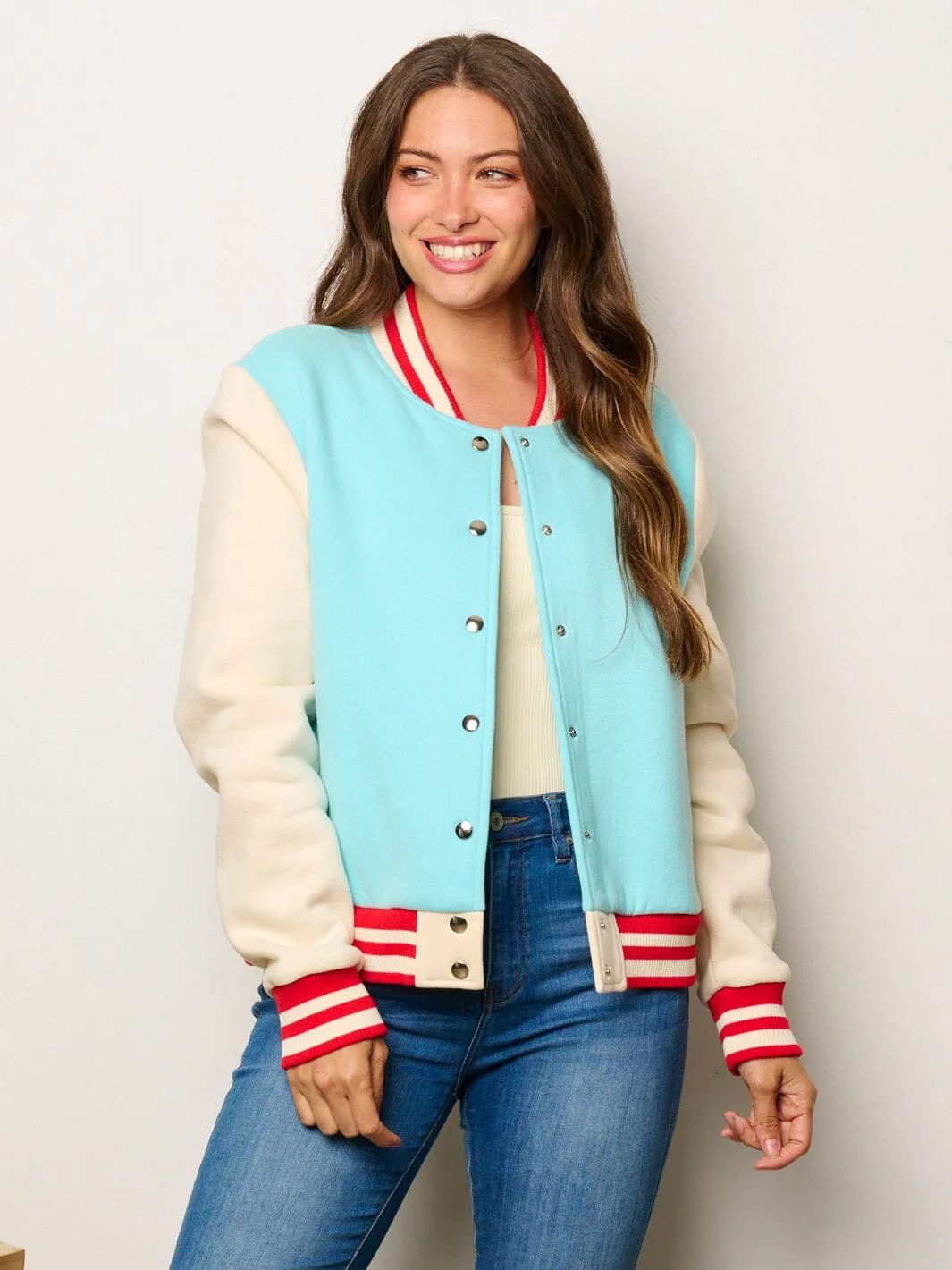 WOMEN'S LONG SLEEVE BUTTON CLOSURE POCKETS COLORBLOCK VARSITY JACKET