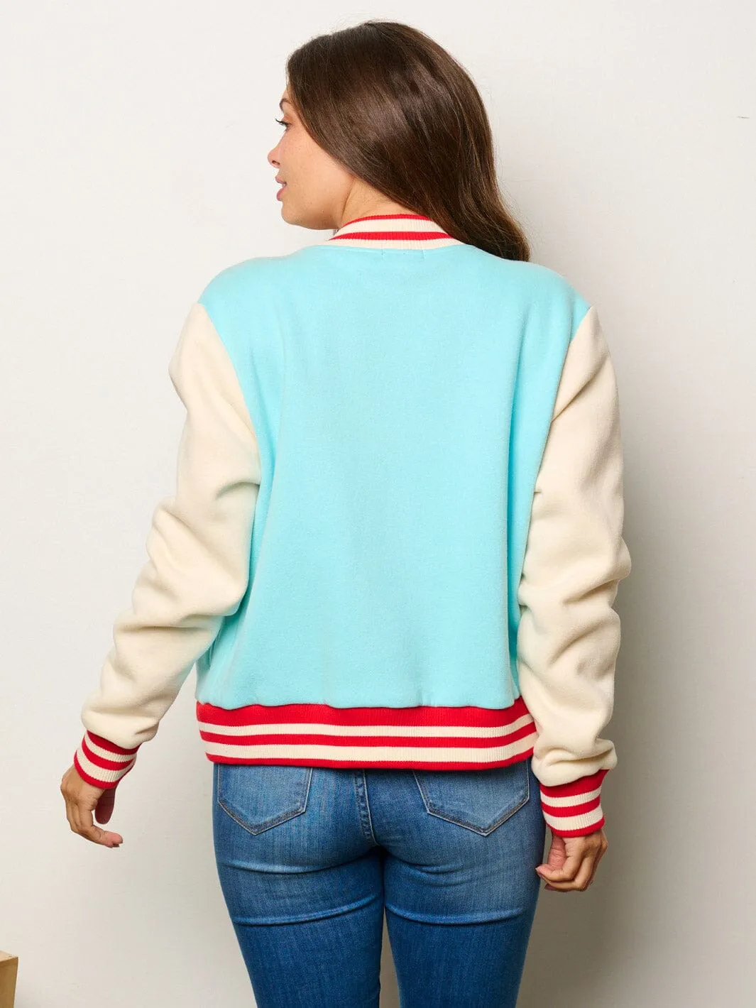 WOMEN'S LONG SLEEVE BUTTON CLOSURE POCKETS COLORBLOCK VARSITY JACKET