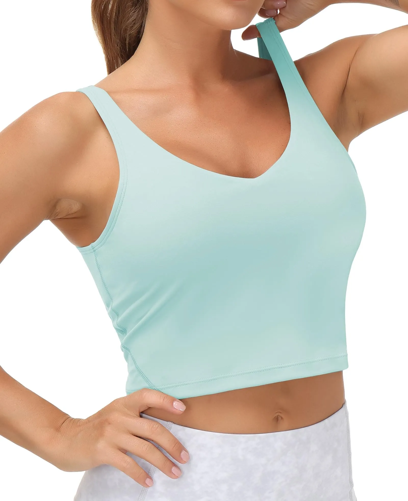 Women’s Longline Sports Bra Wirefree Padded Medium Support Yoga Bras Gym Running Workout Tank Tops (Light Blue)