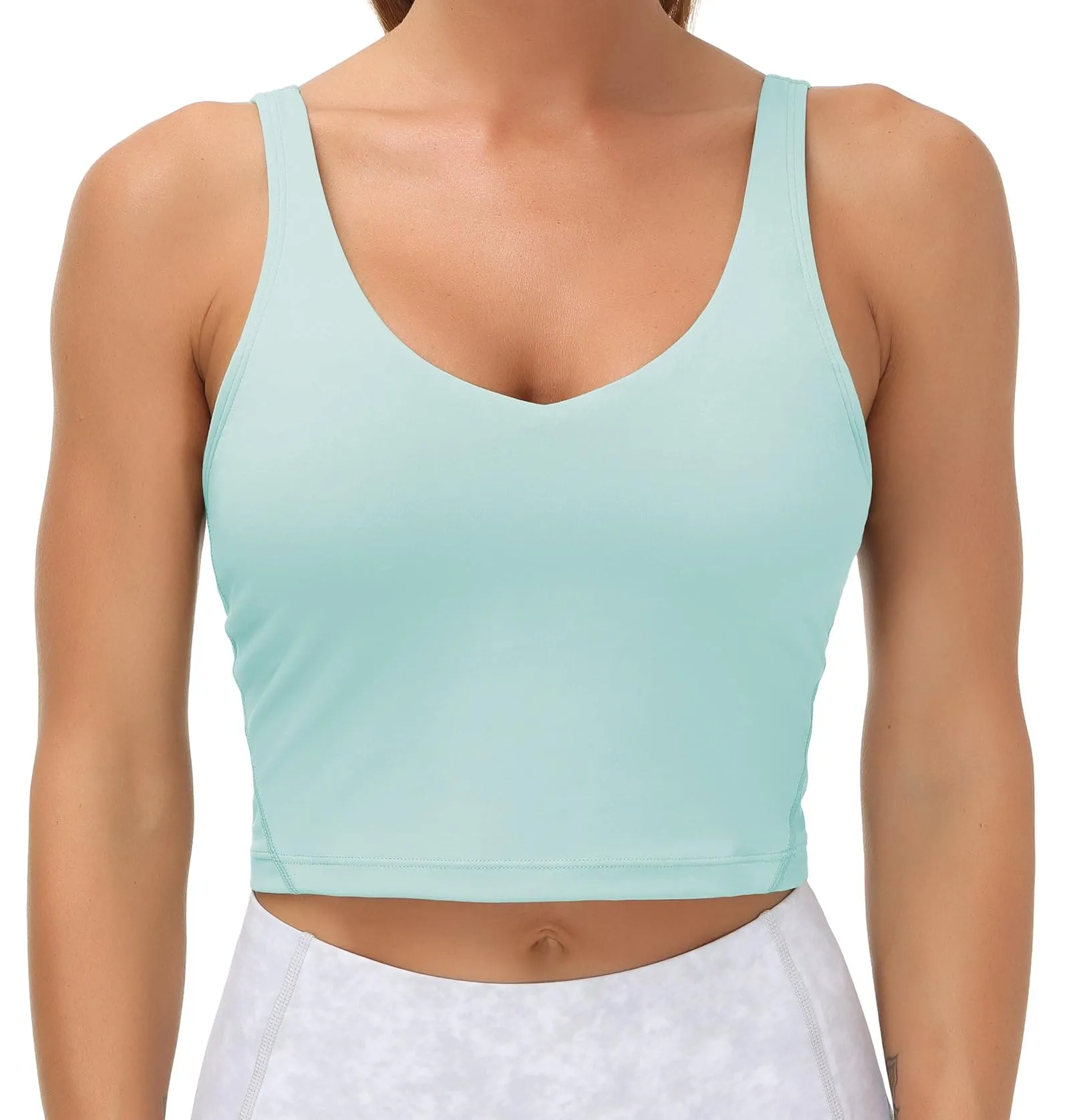 Women’s Longline Sports Bra Wirefree Padded Medium Support Yoga Bras Gym Running Workout Tank Tops (Light Blue)
