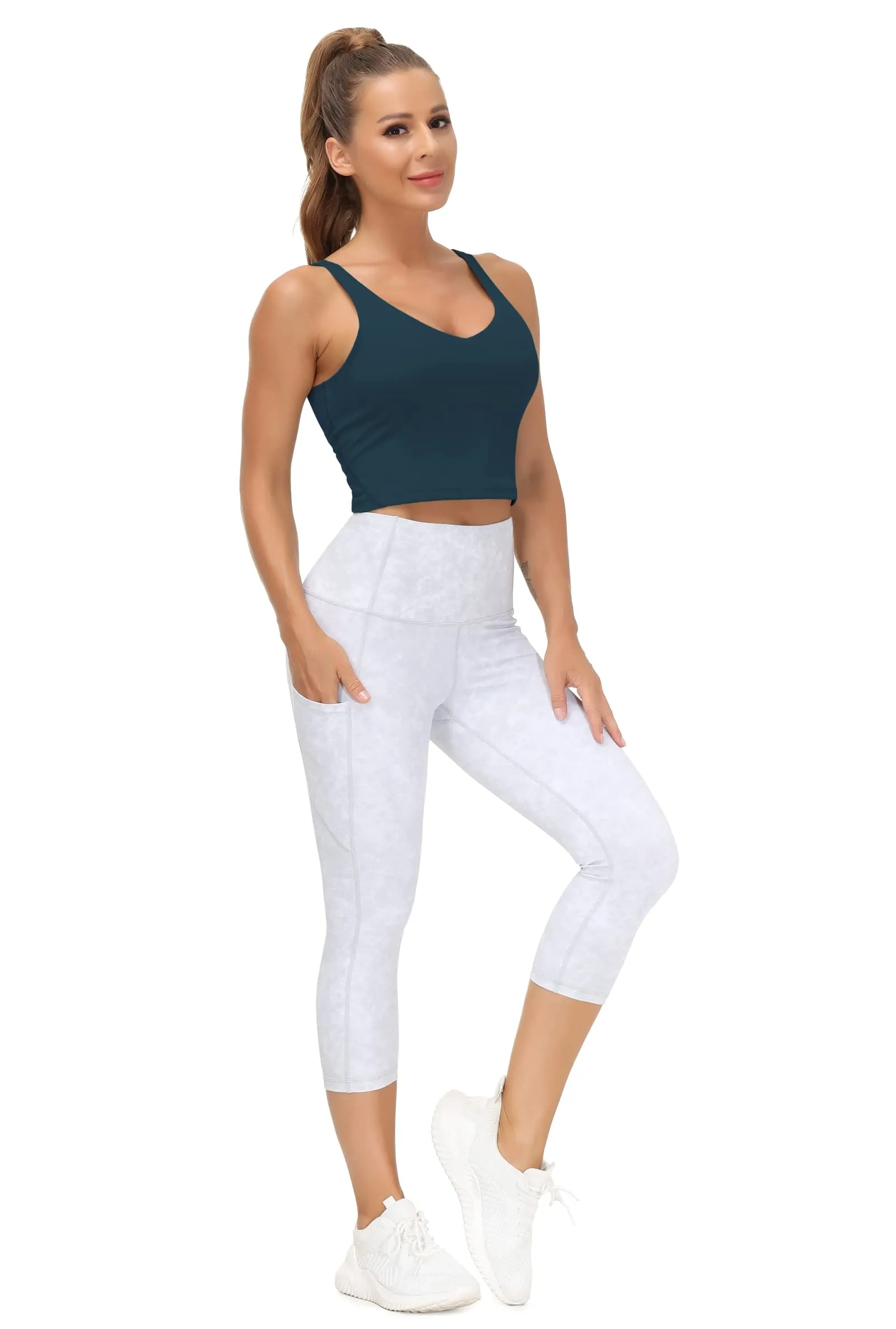 Women’s Longline Sports Bra Wirefree Padded Medium Support Yoga Bras Gym Running Workout Tank Tops(Dark Blue Green)