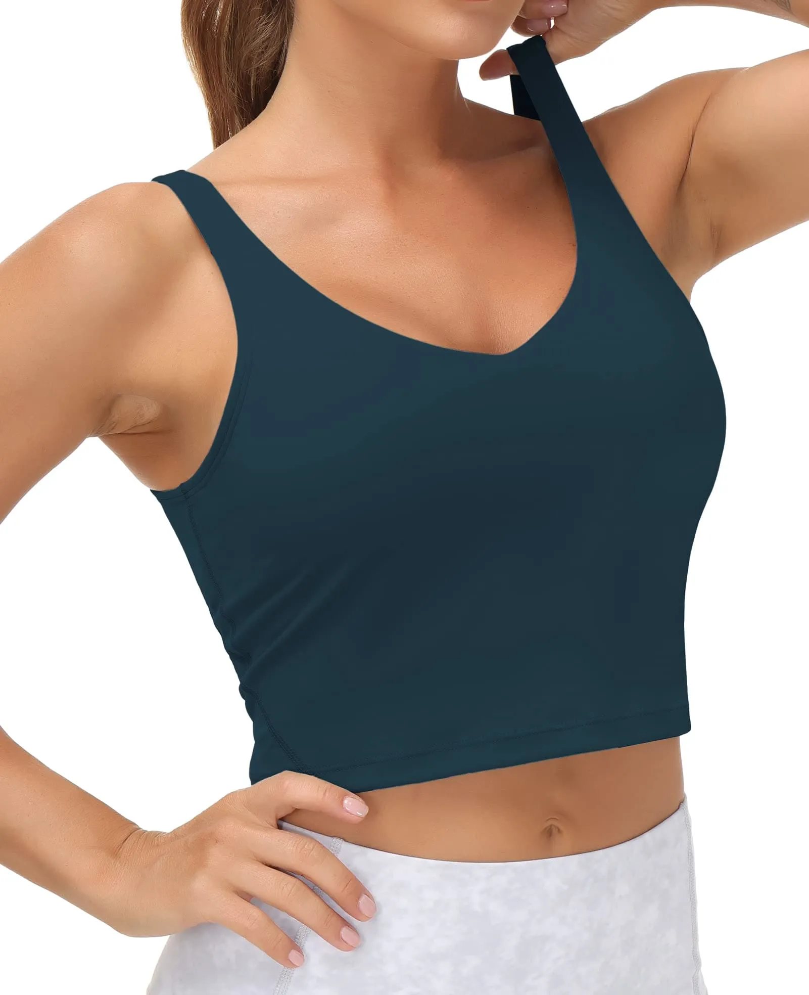 Women’s Longline Sports Bra Wirefree Padded Medium Support Yoga Bras Gym Running Workout Tank Tops(Dark Blue Green)