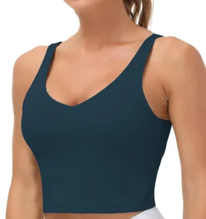 Women’s Longline Sports Bra Wirefree Padded Medium Support Yoga Bras Gym Running Workout Tank Tops(Dark Blue Green)