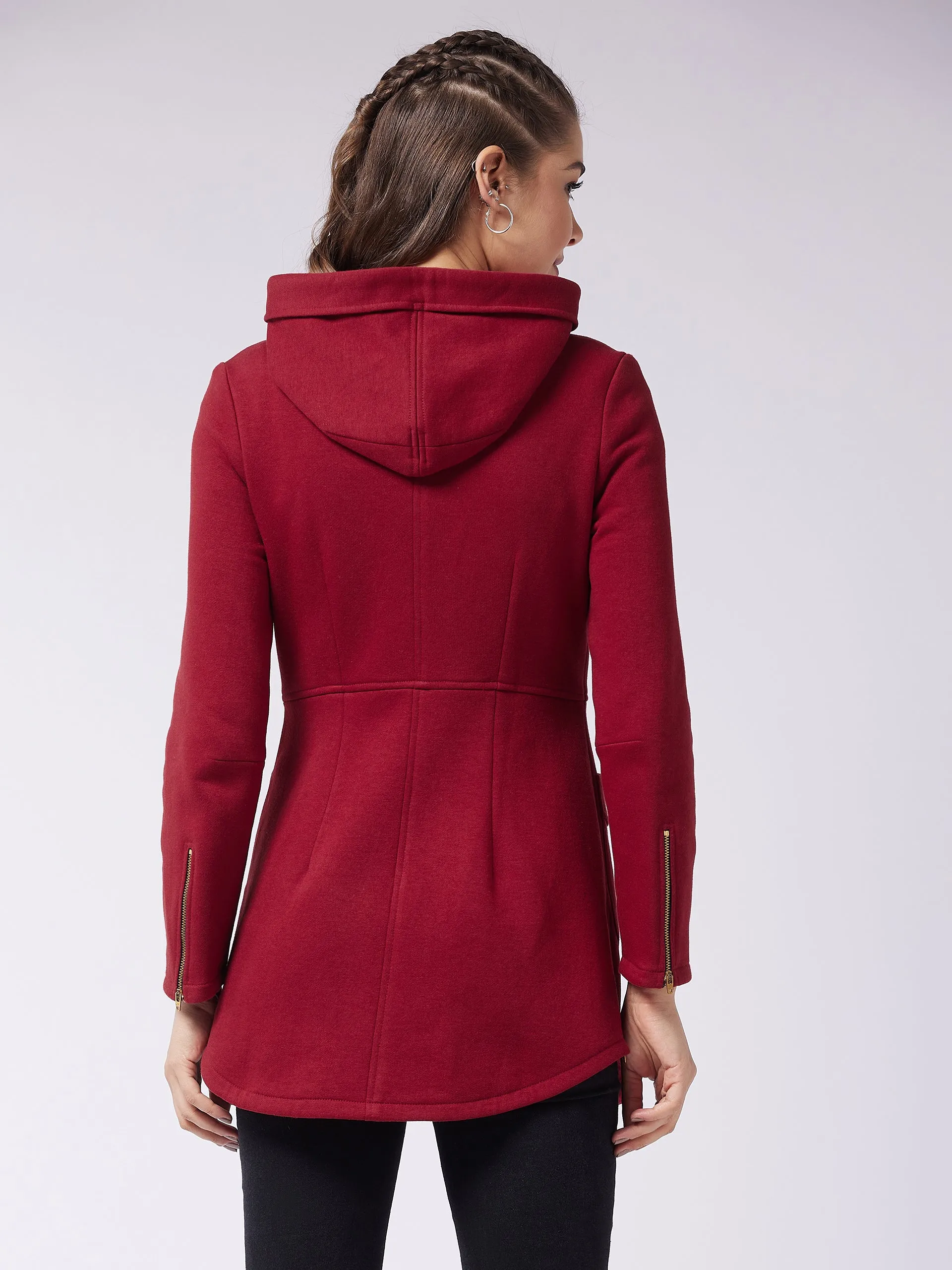 Women's Maroon Hooded Full Sleeve Solid Longline Jacket