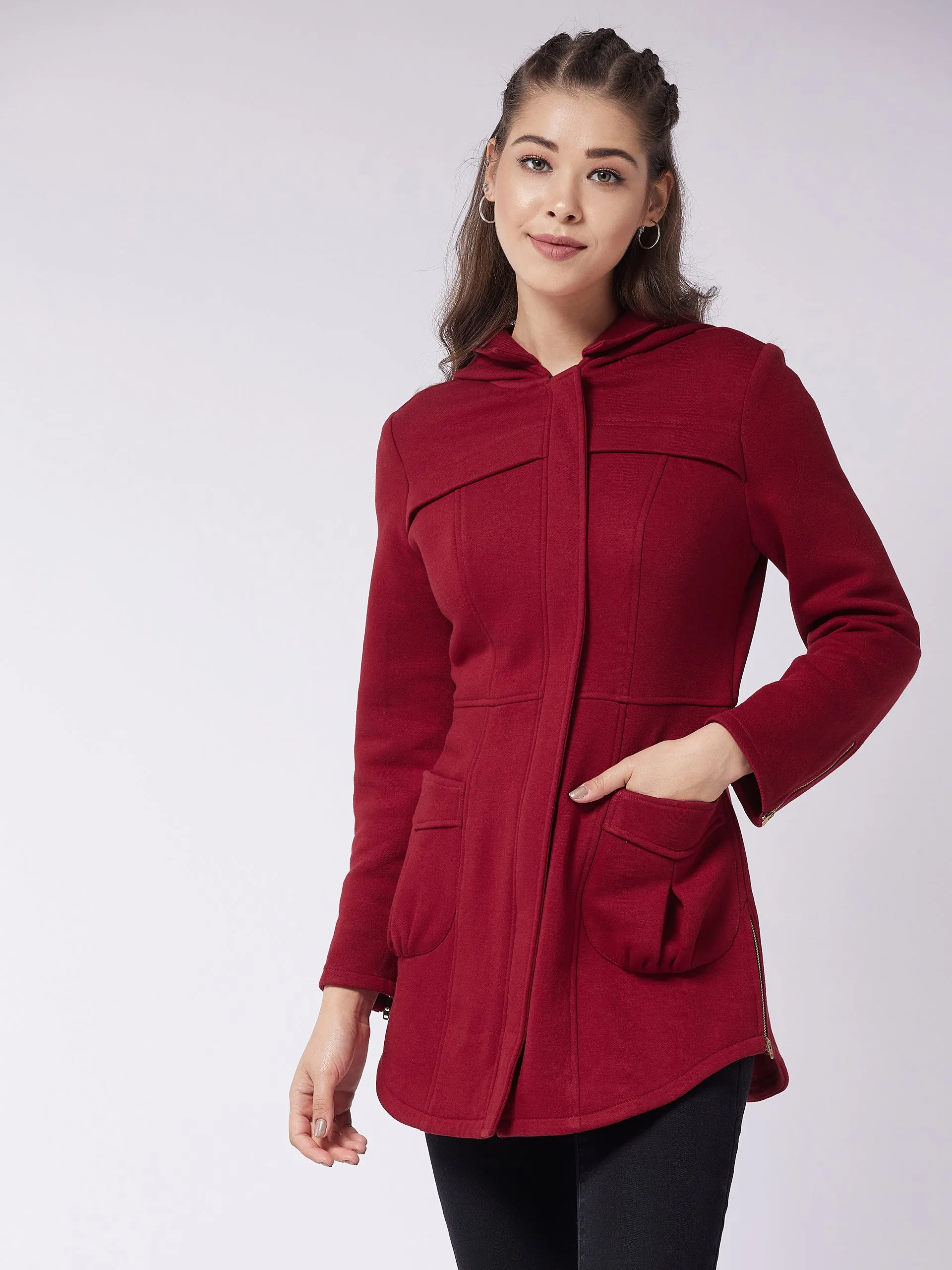 Women's Maroon Hooded Full Sleeve Solid Longline Jacket