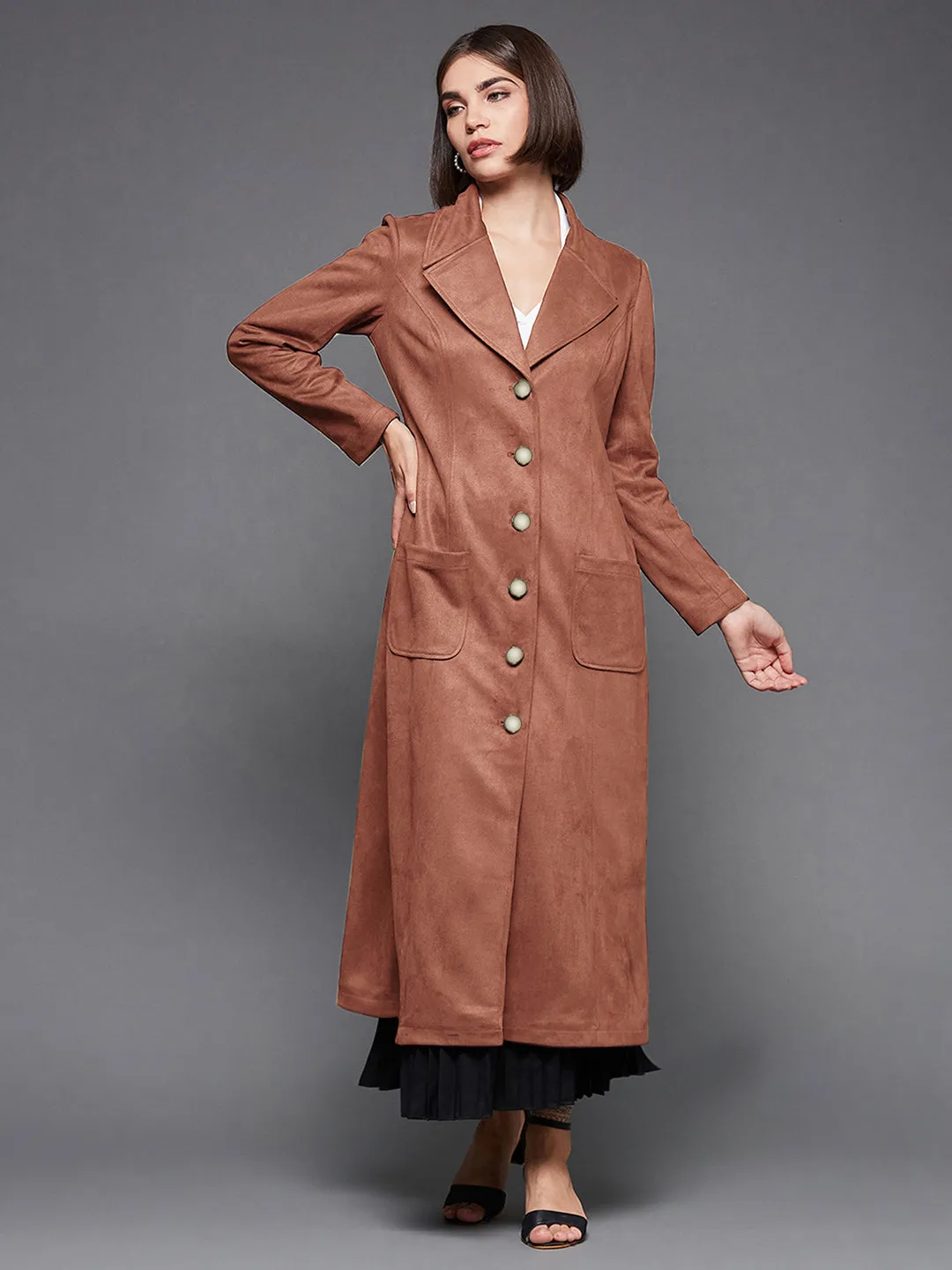 Women's Solid Dusty Peach Notch-Collar Full Sleeves Button-down Longline Blazer Jacket