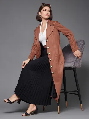 Women's Solid Dusty Peach Notch-Collar Full Sleeves Button-down Longline Blazer Jacket