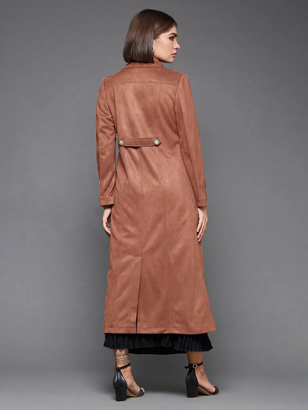 Women's Solid Dusty Peach Notch-Collar Full Sleeves Button-down Longline Blazer Jacket