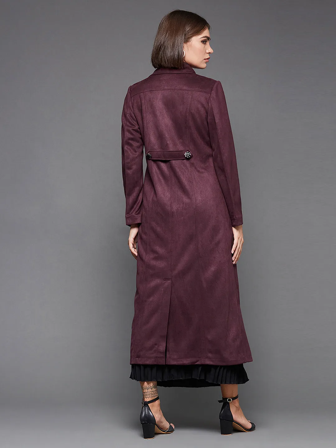 Women's Wine Solid V-Neck Full Sleeves Patched Pocketed Polyester Button Down Longline Winter Wear Blazer Jacket