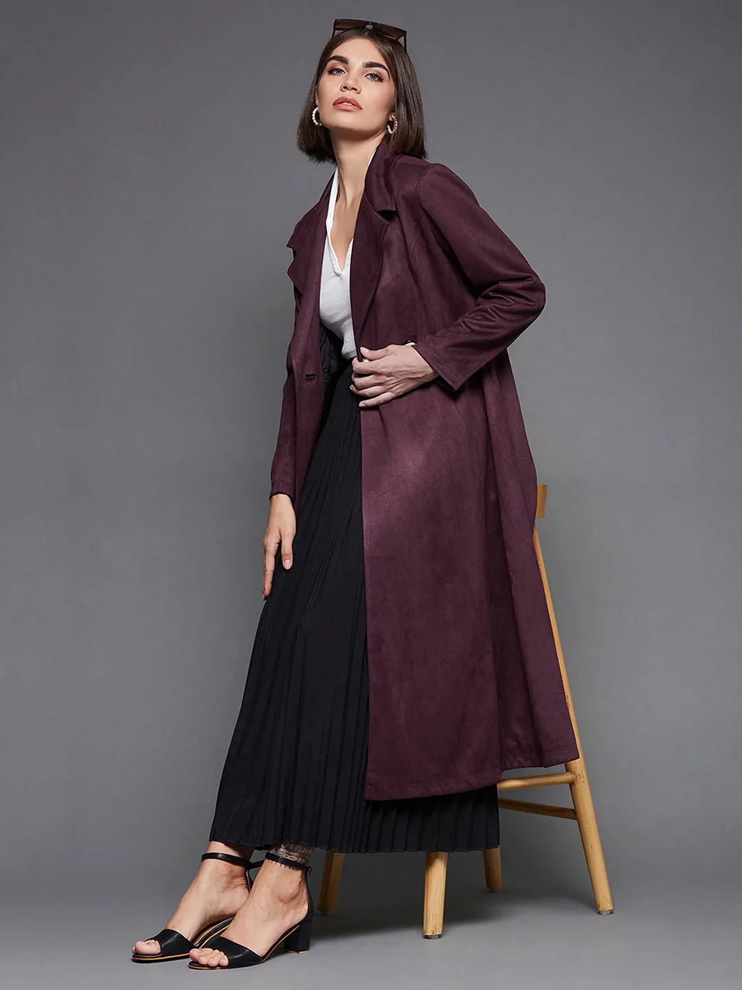 Women's Wine Solid V-Neck Full Sleeves Side Pocketed Polyester Double Breasted Longline Blazer Jacket