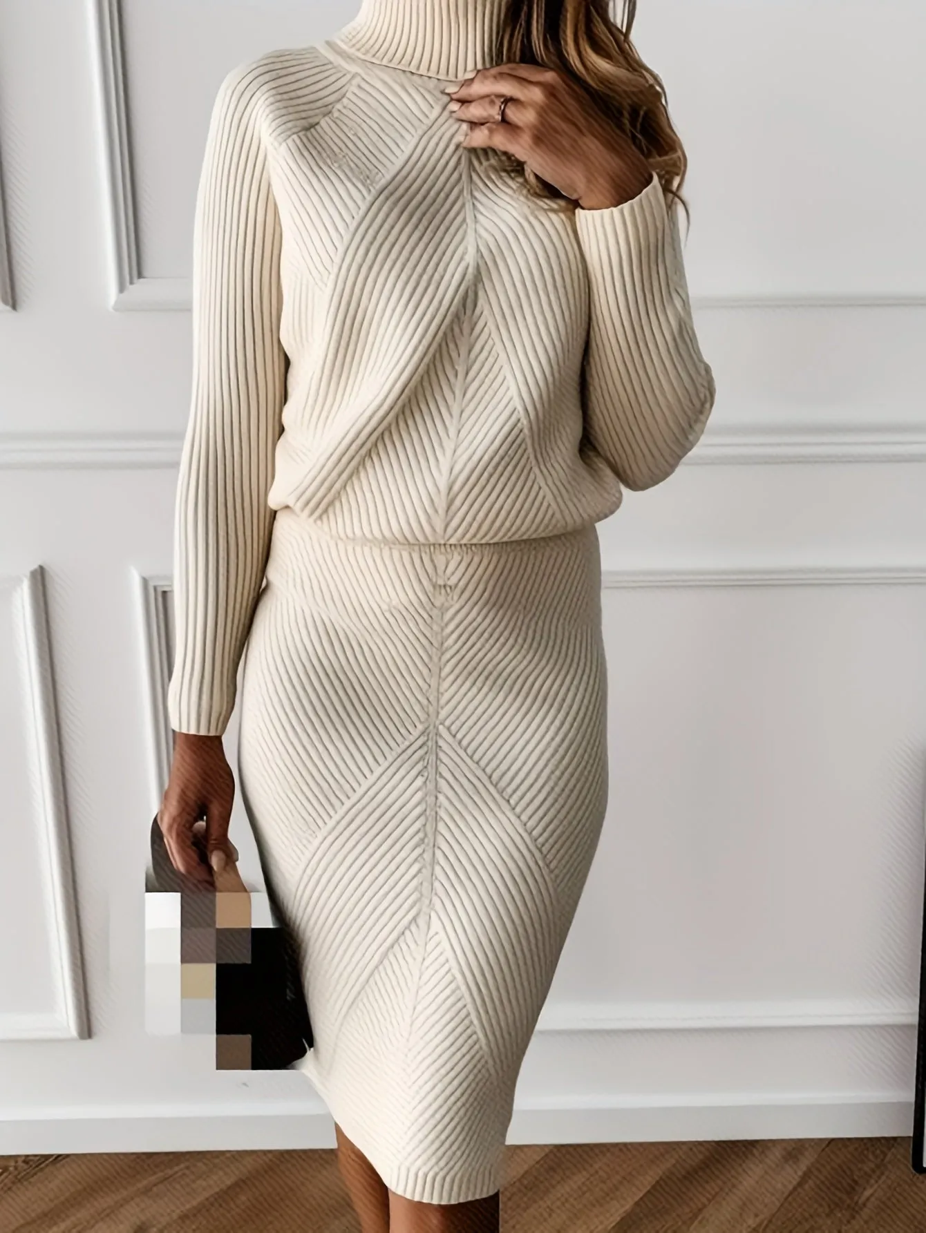xieyinshe  Casual Solid Two-piece Set, Turtleneck Long Sleeve Tops & Bag Hip Skirts Outfits, Women's Clothing