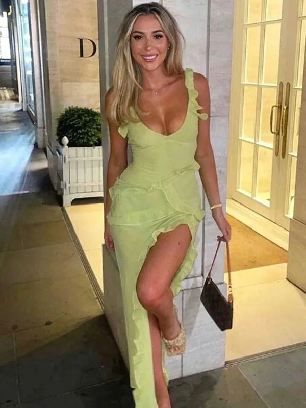 Yellow Ruffles Elegant Long Party Midi Dresses